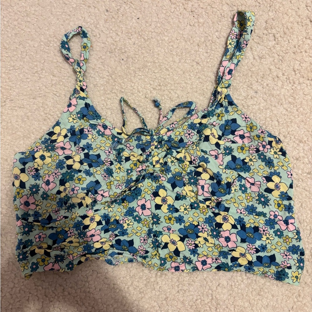 • Teal Floral Self Esteem Green Camisole Crop Top with Tie Front •